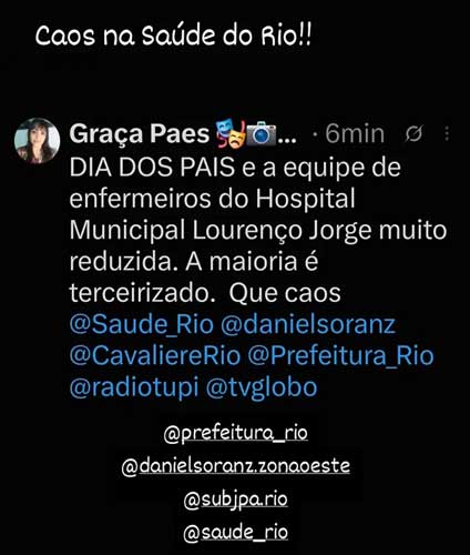 Story de Graça Paes sobre a Saúde no Rio de Janeiro.