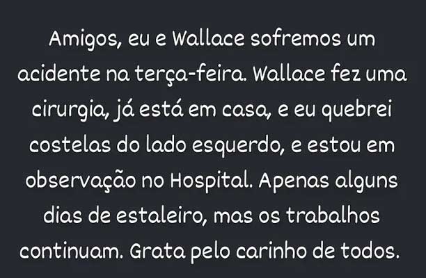 Story de Graça Paes sobre seu estado e do esposo após o ocorrido.