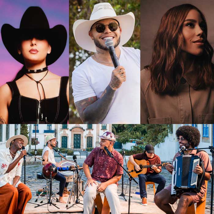 Ana Castela (Rodolfo Magalhães), Juliany Souza (Divulgação), Tierry (Divulgação), JG, JP e Mestrinho (@kaiocads) - Artistas do Caldi para o Grammy Latino