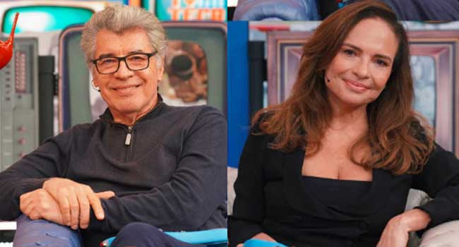 Luiza Tomé, Marcos Mion e Paulo Betti em TV Teca no Caldeirão com Mion (Globo/Thalles Trouva)